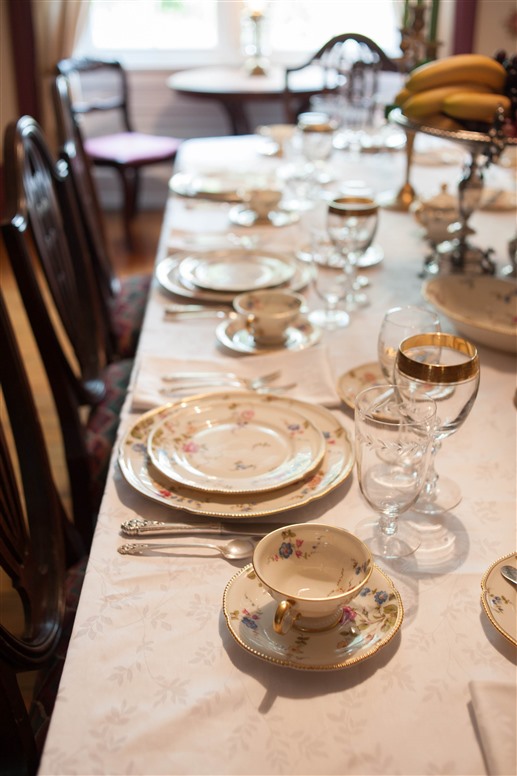 dining room table with china